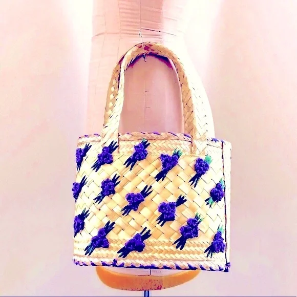 Imported artisan Natural straw bucket bag purple flowers lined - Picture 3 of 8
